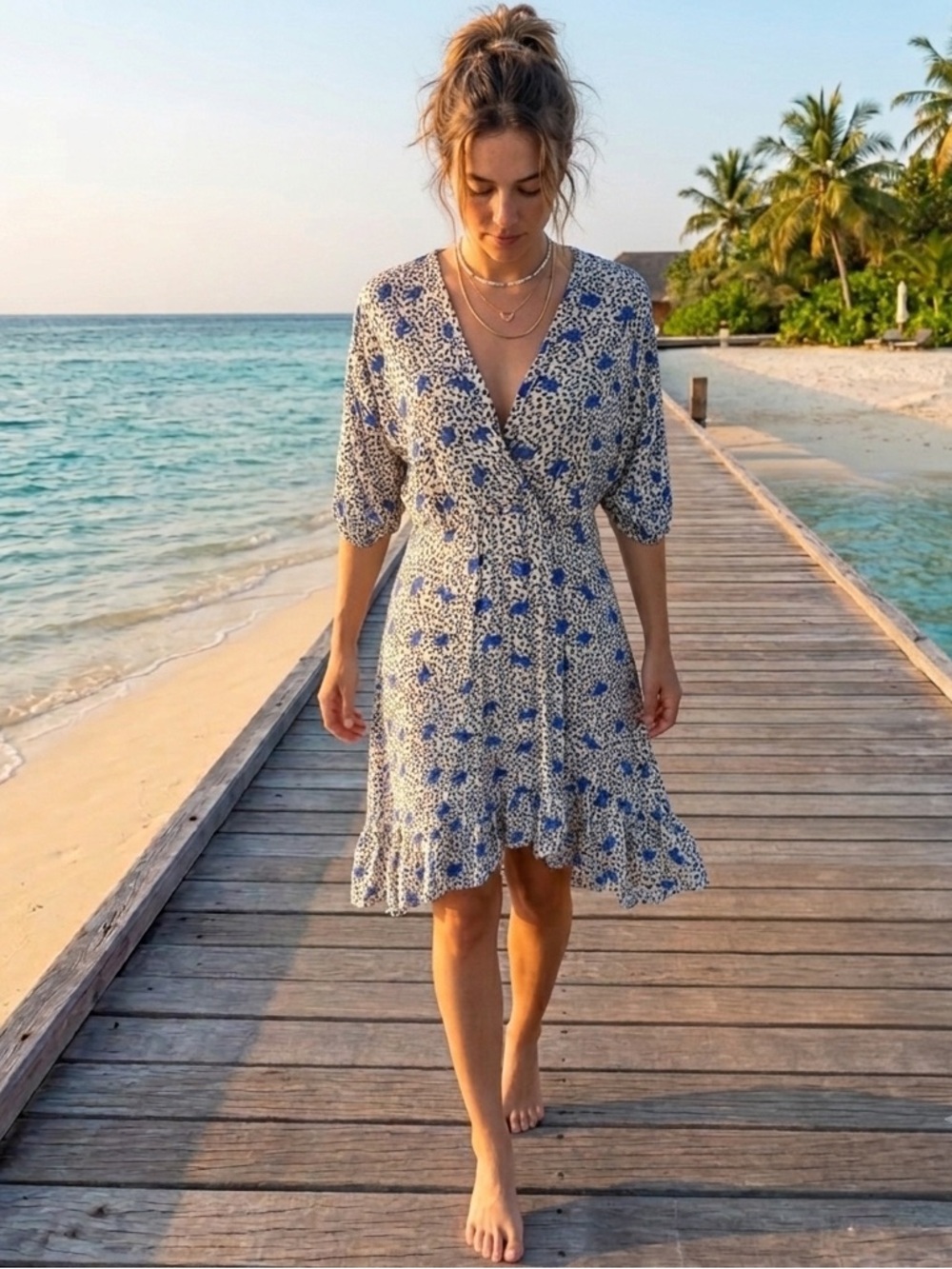 Maje White Dress with Black and Blue Floral Print